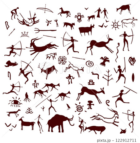 Stone cave painting, ancient prehistoric drawing. Primitive caveman sketches, symbols of hunters, animals, plants and ornaments on rock wall. Vector petroglyph prehistoric illustrations or artworks Stone cave painting, ancient prehistoric drawing. Primitive caveman sketches, symbols of hunters, animals, plants and ornaments on rock wall. Vector petroglyph prehistoric illustrations or artworks 122912711