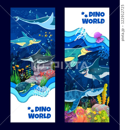 Cartoon prehistoric underwater dinosaur and reptile characters. Vector vertical banners with colorful oceanic scene. Ancient marine creatures, aquatic dino species swimming in a blue ocean environment 122912725
