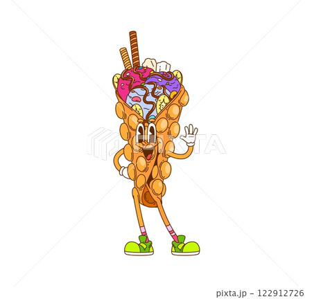 Retro cartoon groovy hippie bubble waffle or fast food dessert with funny face, vector character. Groovy bubble waffle with ice cream gelato and cookies, happy smiling for funky fast food character 122912726