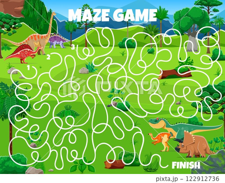 Kids labyrinth maze game with prehistoric dinosaurs. Vector worksheet riddle engage players to navigate dino animals through winding paths to reach finish among lush greenery, mountains and plantsV Kids labyrinth maze game with prehistoric dinosaurs. Vector worksheet riddle engage players to navigate dino animals through winding paths to reach finish among lush greenery, mountains and plantsV 122912736