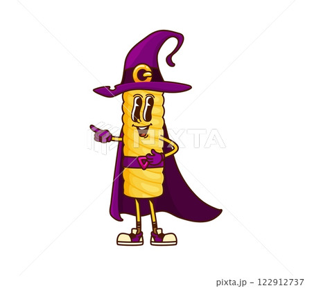Halloween holiday sorcerer pasta groovy funny character. Tortiglioni pasta groovy happy character, Halloween mage noodle retro cartoon isolated vector mascot. Magic wizard meal vintage personage 122912737