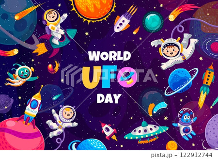 World ufo day banner, cartoon flying saucer and alien characters in outer space. Vector greeting card with kid astronauts, rockets and extraterrestrial personages, explore unknown wonders in galaxy 122912744