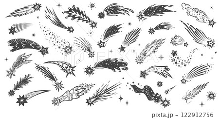 Christmas starburst shooting stars, falling meteors and comets with trails and tail silhouettes. Vectors black doodle cosmic falling asteroids with traces, streaks of light, magic energy in space 122912756