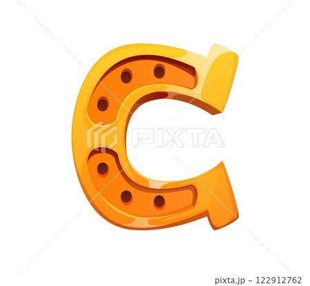 Wild West cowboy horseshoe font letter C. Western cowboy kids ABC typeset letter, Wild West vintage vector font element. American sheriff English alphabet symbol or Texas history cartoon type sign 122912762
