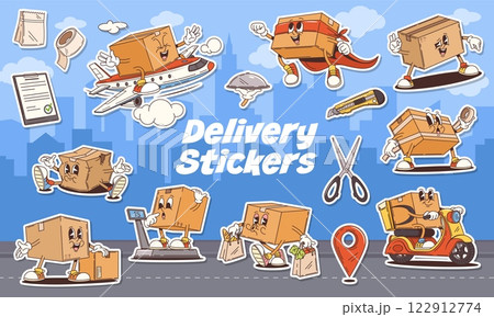 Stickers pack of groovy delivery cardboard box characters, vector funny cartoon. Groovy delivery box character as courier on scooter or shipping carton package on airplane as superhero with happy face 122912774