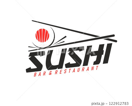 Japanese salmon sushi restaurant icon featuring chopsticks and sushi roll. Vector black and red emblem for traditional Japan cuisine, fine dining, branding sushi bars and asian food related businesses Japanese salmon sushi restaurant icon featuring chopsticks and sushi roll. Vector black and red emblem for traditional Japan cuisine, fine dining, branding sushi bars and asian food related businesses 122912783