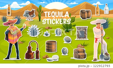 Mexican agave and tequila production stickers pack, vector mezcal alcohol drink. Cartoon donkey, agave and pinas, tahona, distillery oven, tank and copper pot still, jimador, tequila bottles, barrels 122912793