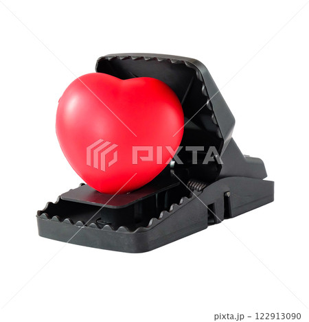 Big red heart in Plastic mouse trap, Love trap concept. 122913090