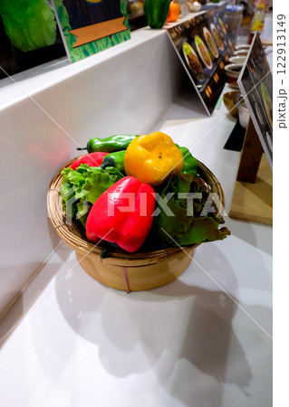 Fake vegetable in wooden basket ,mockup food. 122913149