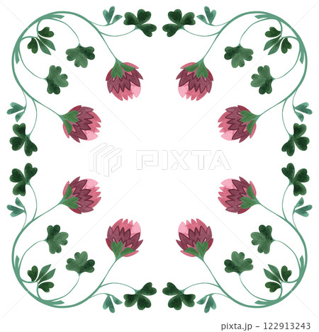 Square frame of wild clover and shamrocks. Decor for graphic design, printing and packaging. Isolated hand-drawn watercolor illustration. 122913243