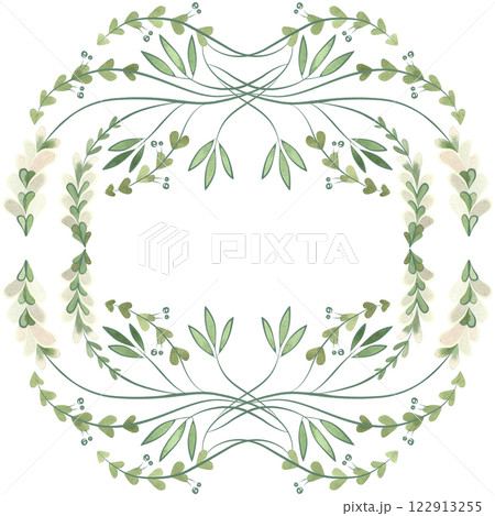 Square frame of wild herbs, flowers and leaves. Decor for graphic design, printing and packaging. Isolated hand-drawn watercolor illustration. 122913255