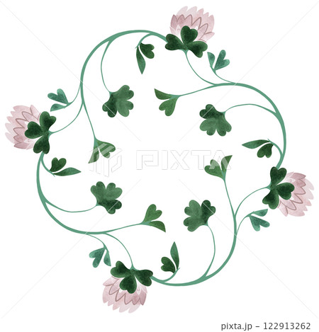 Wreath of wild clover and shamrocks. Decor for graphic design, printing and packaging. Isolated hand-drawn watercolor illustration. Wreath of wild clover and shamrocks. Decor for graphic design, printing and packaging. Isolated hand-drawn watercolor illustration. 122913262