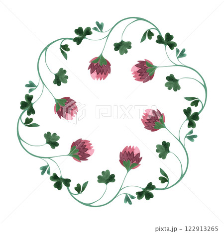 Wreath of wild clover and shamrocks. Decor for graphic design, printing and packaging. Isolated hand-drawn watercolor illustration. Wreath of wild clover and shamrocks. Decor for graphic design, printing and packaging. Isolated hand-drawn watercolor illustration. 122913265