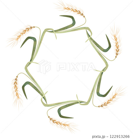 Wreath of wild grasses, cereals, ears and leaves. Decor for graphic design, printing and packaging. Isolated hand-drawn watercolor illustration. 122913266