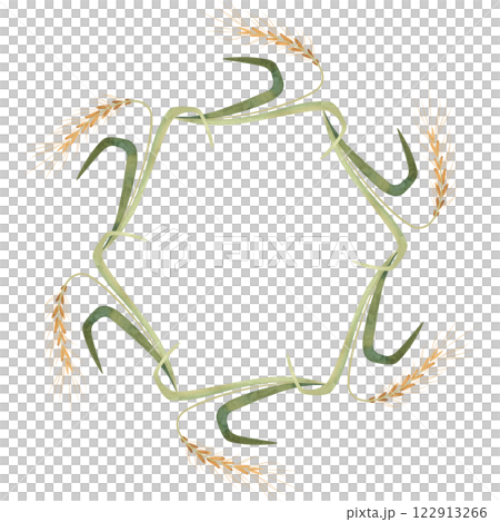 Wreath of wild grasses, cereals, ears and leaves. Decor for graphic design, printing and packaging. Isolated hand-drawn watercolor illustration. 122913266