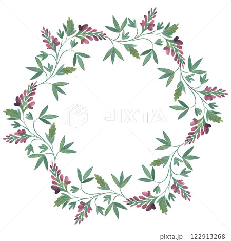 Round wreath of wild herbs, flowers and leaves. Decor for graphic design, printing and packaging. Isolated hand-drawn watercolor illustration. Round wreath of wild herbs, flowers and leaves. Decor for graphic design, printing and packaging. Isolated hand-drawn watercolor illustration. 122913268