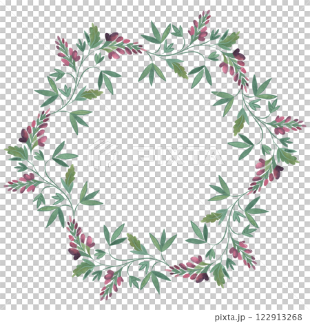 Round wreath of wild herbs, flowers and leaves. Decor for graphic design, printing and packaging. Isolated hand-drawn watercolor illustration. Round wreath of wild herbs, flowers and leaves. Decor for graphic design, printing and packaging. Isolated hand-drawn watercolor illustration. 122913268