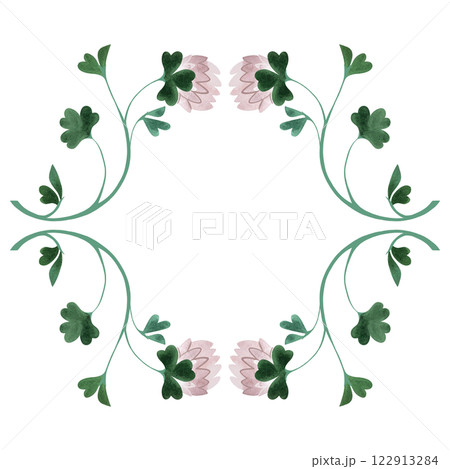 Wreath of wild clover and shamrocks. Decor for graphic design, printing and packaging. Isolated hand-drawn watercolor illustration. Wreath of wild clover and shamrocks. Decor for graphic design, printing and packaging. Isolated hand-drawn watercolor illustration. 122913284