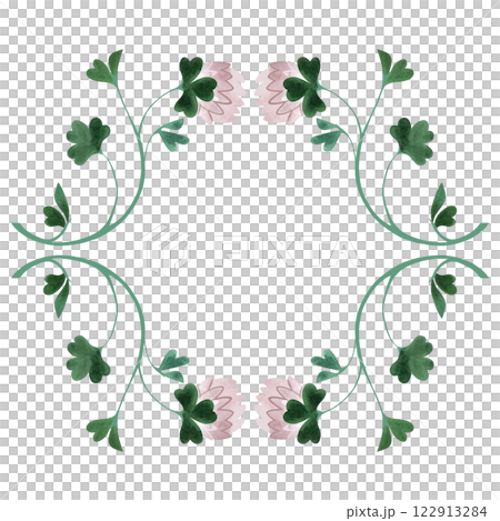 Wreath of wild clover and shamrocks. Decor for graphic design, printing and packaging. Isolated hand-drawn watercolor illustration. Wreath of wild clover and shamrocks. Decor for graphic design, printing and packaging. Isolated hand-drawn watercolor illustration. 122913284