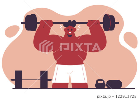 Muscular man training in the gym. Bodybuilder with a barbell. Sport exercises. Vector illustration Muscular man training in the gym. Bodybuilder with a barbell. Sport exercises. Vector illustration 122913728