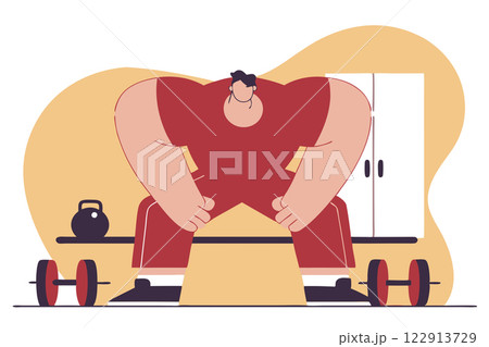 Muscular man training in the gym. Bodybuilder with a barbell. Sport exercises. Vector illustration Muscular man training in the gym. Bodybuilder with a barbell. Sport exercises. Vector illustration 122913729