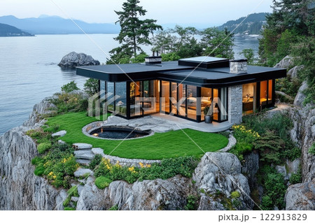 Modern cliffside house overlooking tranquil ocean bay at sunset 122913829
