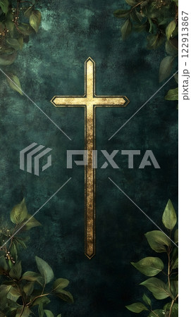 Golden christian cross with green leaves representing faith and hope 122913867