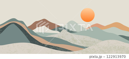 Abstract minimalist mountain landscape layered hills, soft earthy tones, sunrise with textured design for posters, prints, modern wall art Abstract minimalist mountain landscape layered hills, soft earthy tones, sunrise with textured design for posters, prints, modern wall art 122913970