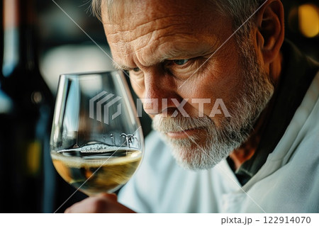 Senior sommelier smelling white wine in glass during wine tasting event 122914070