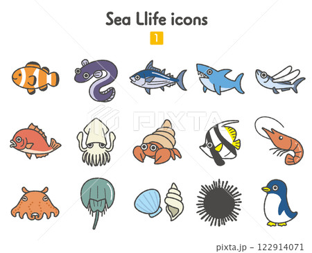 海の生き物のアイコン集 122914071