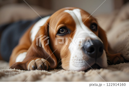 portrait of Basset dog laying on sofa  and being sad . Digital artwork. Ai generated 122914160
