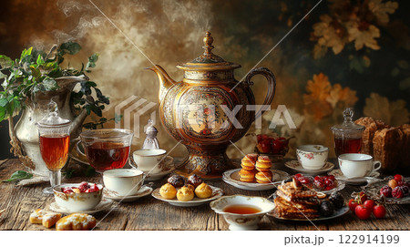 Russia A table with a red tea kettle and a variety of desserts, including cookies and cakes. The table is set for a tea party Russia A table with a red tea kettle and a variety of desserts, including cookies and cakes. The table is set for a tea party 122914199