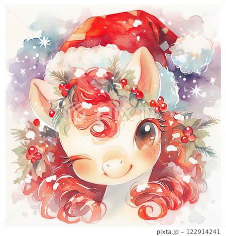A cartoon horse with a red hat and a wreath of berries on its head. The horse is smiling and he is happy 122914241