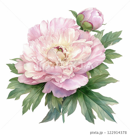 A watercolor painting of a pink flower with green leaves and three small green buds. The flower is the main focus of the painting, and the green leaves and buds add depth A watercolor painting of a pink flower with green leaves and three small green buds. The flower is the main focus of the painting, and the green leaves and buds add depth 122914378
