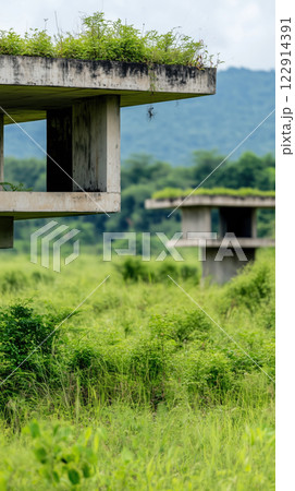 Abandoned concrete structures with greenery in lush landscape 122914391