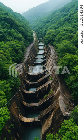 Aerial view of concrete waterway surrounded by lush green trees 122914394