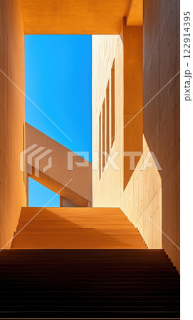 Modern architectural staircase with wooden steps and bright blue sky 122914395