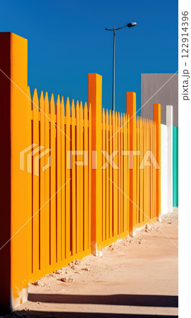 Bright orange fence against clear blue sky, creating vibrant scene 122914396