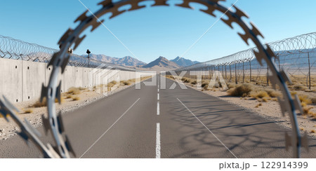 towering concrete wall with razor wire borders deserted road, evoking tension 122914399