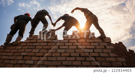 Building high wall, laborers working together at sunset 122914403