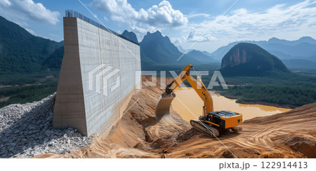 Massive concrete wall under construction with excavator in mountainous area 122914413