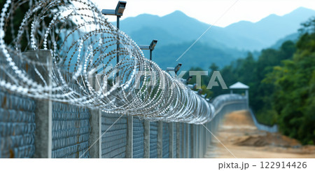 secure fence with barbed wire and surveillance cameras in mountainous area secure fence with barbed wire and surveillance cameras in mountainous area 122914426