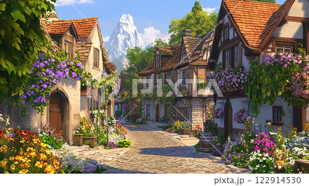 A small town with a cobblestone street and houses with flowers in front of them. The houses are white and red, and there is a mountain in the background. The street is lined with potted plants 122914530