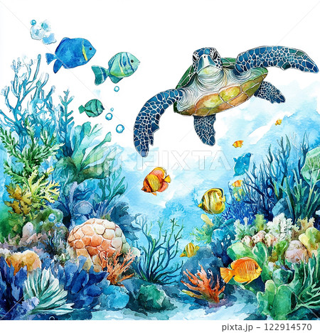 A turtle swims through a coral reef with fish swimming around it. The scene is vibrant and lively, with a sense of movement and energy. The colors of the coral and fish are bright and vivid 122914570