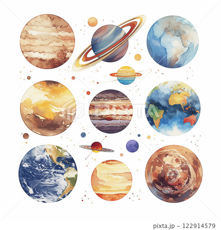A set of watercolor paintings of the planets in our solar system. The paintings are arranged in a grid, with each painting representing a different planet. The colors are vibrant A set of watercolor paintings of the planets in our solar system. The paintings are arranged in a grid, with each painting representing a different planet. The colors are vibrant 122914579