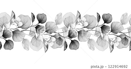 Black and white seamless floral border. Delicate leaves and branches pattern. 122914692