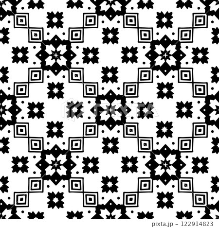 Seamless black and white geometric pattern with intricate symmetrical shapes, including squares, diamonds, and floral-inspired elements. This abstract vector design is ideal for textiles, wallpapers Seamless black and white geometric pattern with intricate symmetrical shapes, including squares, diamonds, and floral-inspired elements. This abstract vector design is ideal for textiles, wallpapers 122914823