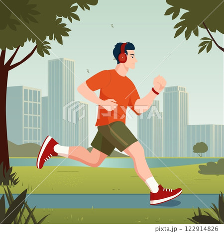 Vector illustration of a young man jogging in an urban park with modern skyscrapers in the background. He is wearing a red t-shirt, green shorts, red sneakers, and headphones while running on a paved 122914826