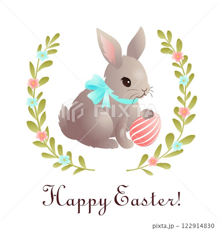 Cute Easter-themed vector illustration featuring a fluffy gray bunny with a blue ribbon around its neck, holding a decorated Easter egg. The design is framed with a floral wreath of green leaves and 122914830