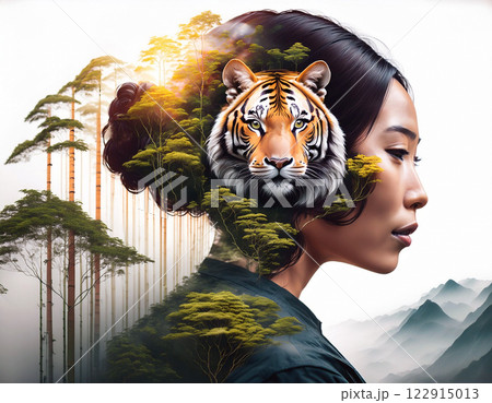 Nature's Harmony, Asian Beauty, Tiger Spirit, Forest Fusion, Double Exposure Art, Serene Profile, Wildlife Integration, Sunlit Canopy, Misty Mountains, Feminine Strength, Exotic Blend, Tranquil Gaze 122915013